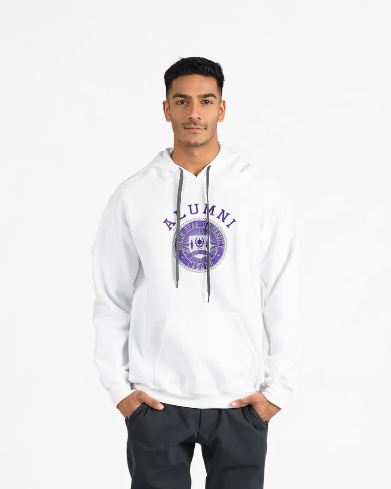Premium Hood 301 in white with purple emboidery on male model.