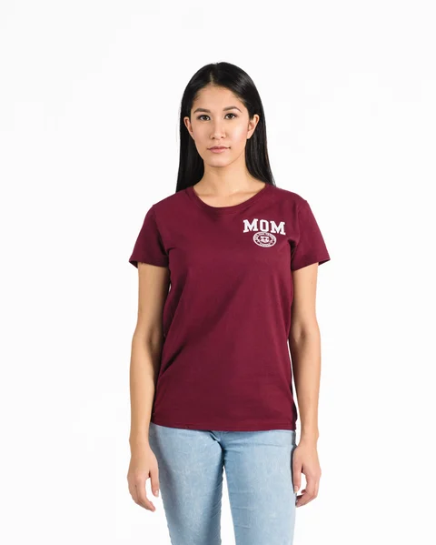 Women's Fit Signature T-Shirt in burgundy with white embroidery on woman model.