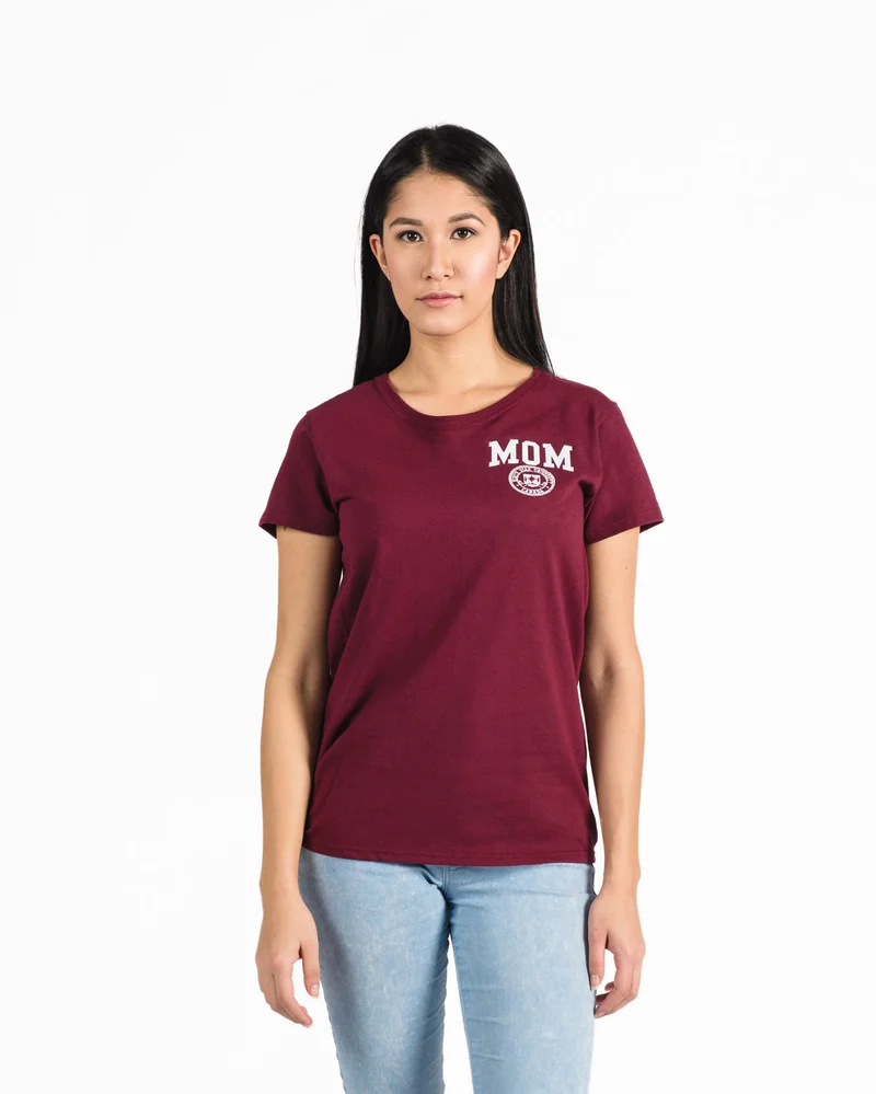 Women's Fit Signature T-Shirt in burgundy with white embroidery on woman model.