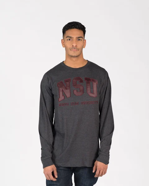 Unisex fit Signature Longsleeve 204 in charcoal with burgundy embroidery on male model.
