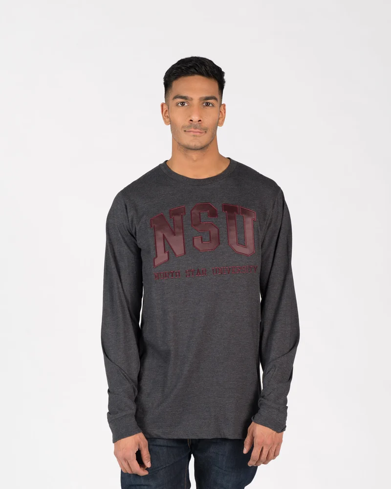 Unisex fit Signature Longsleeve 204 in charcoal with burgundy embroidery on male model.