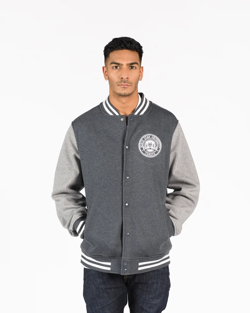 Fleece Letterman Jacket 519m in Charcoal with Grey Sleeves on male model.