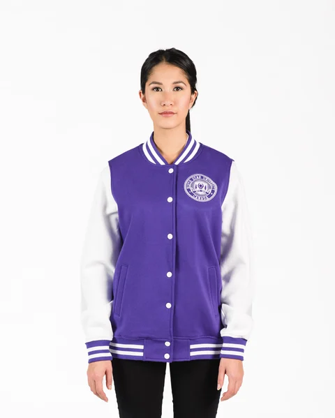 Women's Fleece Letterman Jacket in Purple with White Sleeves