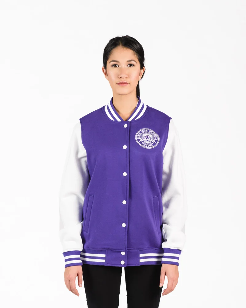 Women's Fleece Letterman Jacket in Purple with White Sleeves