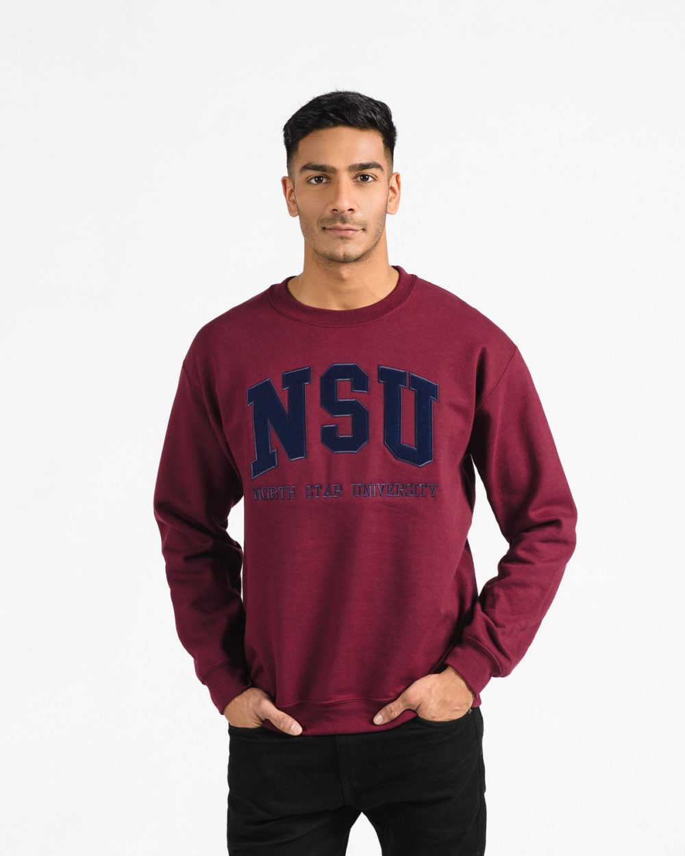 Signature Crew 202 in burgundy with navy embroidery on male model.