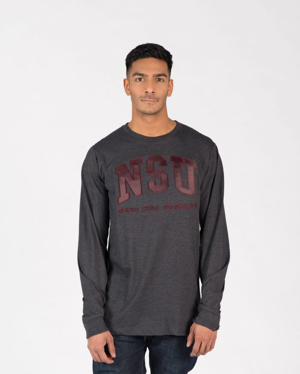 Unisex fit Signature Longsleeve 204 in charcoal with burgundy embroidery on male model.