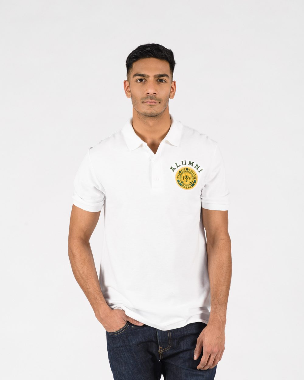 Signature Golf Shirt 306 in white on male model.