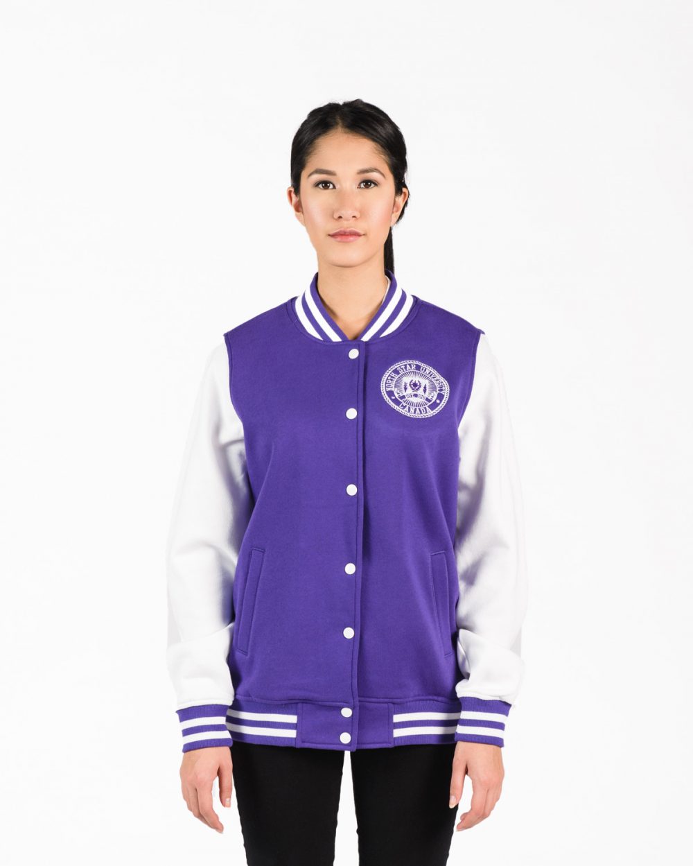 Women's Fleece Letterman Jacket in Purple with White Sleeves
